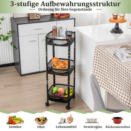 3-laags multifunctionele fruit- of groentetrolleystandaard 37,5 x 37,5 x 87 cm zwart