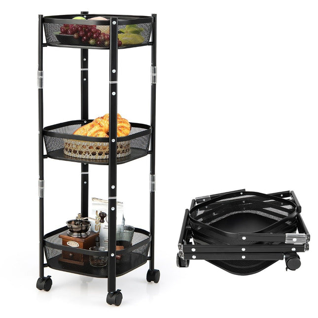 3-stöckiger Allzweckwagen Obst- oder Gemüsekorbständer 37,5 x 37,5 x 87 cm Schwarz