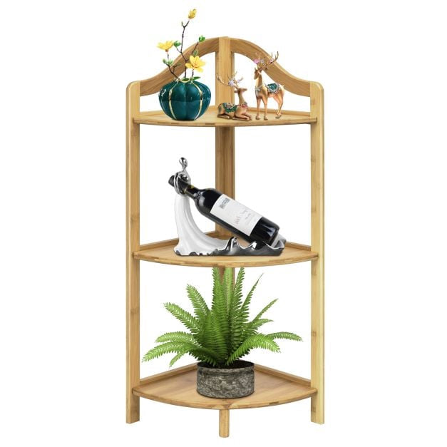 3-stöckiges Bambus-Eckregal, 86 cm, freistehend
