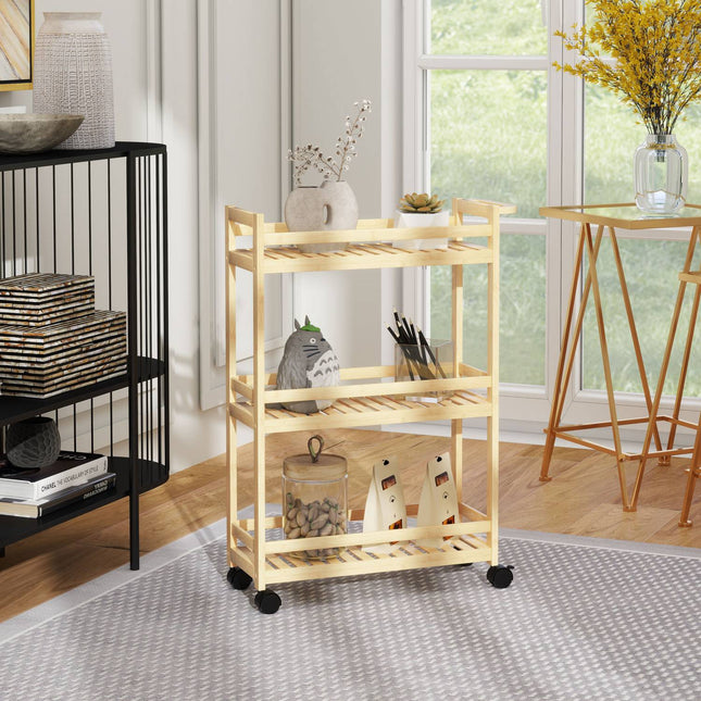 3-laags bamboe serveerwagen keukentrolley met wiel praktische trolley met handvat opbergwagen voor kantoor woonkamer keuken 55x20x75cm natuurlijk hout