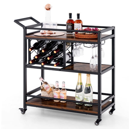 3-stöckiger Servierwagen mit Rollen, Weinregal und Gläserhalter