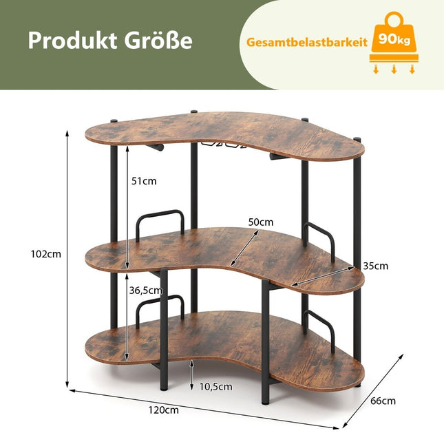 3-laags bartafel met glazenhouder en metalen frame, bruin