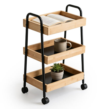 3-Tier Bathroom Trolley – Bamboo and Metal, Braked Wheels