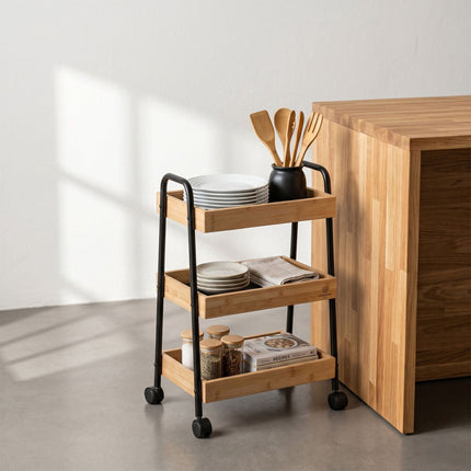 3-Tier Bathroom Trolley – Bamboo and Metal, Braked Wheels