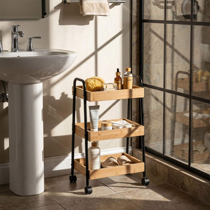 3-Tier Bathroom Trolley – Bamboo and Metal, Braked Wheels