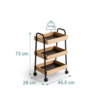 3-Tier Bathroom Trolley – Bamboo and Metal, Braked Wheels