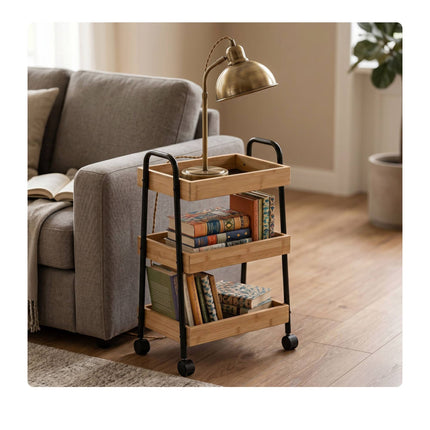 3-Tier Bathroom Trolley – Bamboo and Metal, Braked Wheels