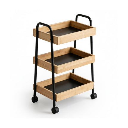 3-Tier Bathroom Trolley – Bamboo and Metal, Braked Wheels