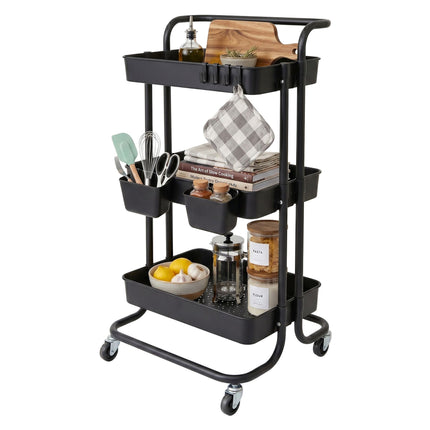 3-Tier Black Metal Storage Trolley with Wheels