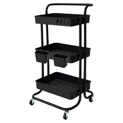 3-Tier Black Metal Storage Trolley with Wheels