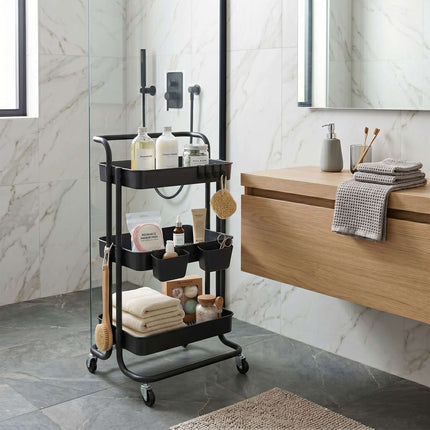 3-Tier Black Metal Storage Trolley with Wheels