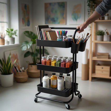 3-Tier Black Metal Storage Trolley with Wheels