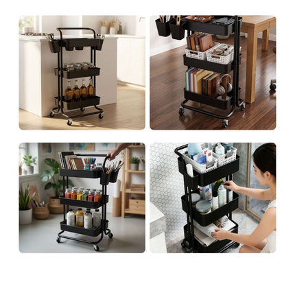 3-Tier Black Metal Storage Trolley with Wheels