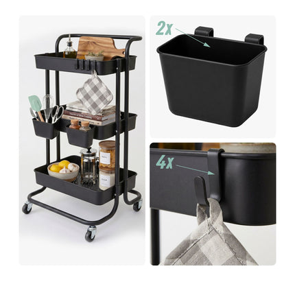 3-Tier Black Metal Storage Trolley with Wheels