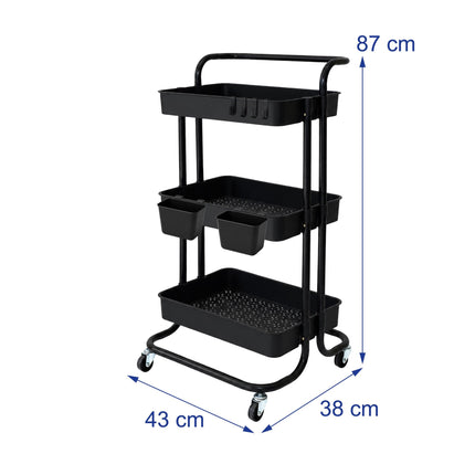 3-Tier Black Metal Storage Trolley with Wheels