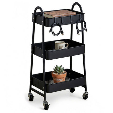 3-Tier Black Storage Trolley with Hooks & Wheels