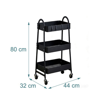 3-Tier Black Storage Trolley with Hooks & Wheels