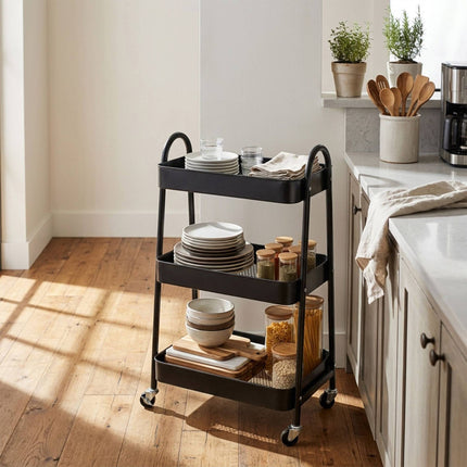 3-Tier Black Storage Trolley with Hooks & Wheels