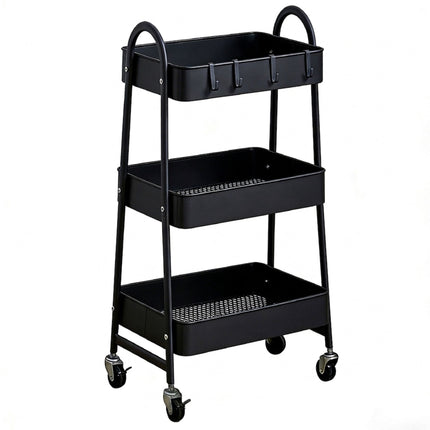 3-Tier Black Storage Trolley with Hooks & Wheels