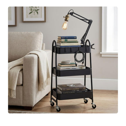 3-Tier Black Storage Trolley with Hooks & Wheels
