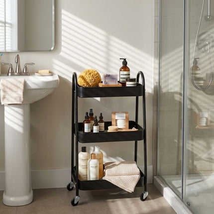 3-Tier Black Storage Trolley with Hooks & Wheels