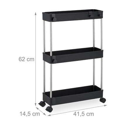 3-Tier Black Trolley with Wheels for Kitchen/Bathroom