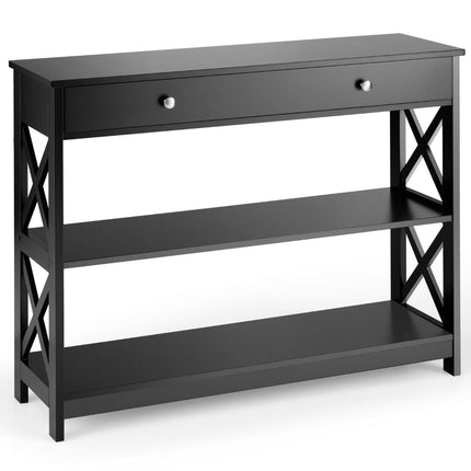 3-Tier Black Wood Console Table with Drawer, 100x30x80 cm