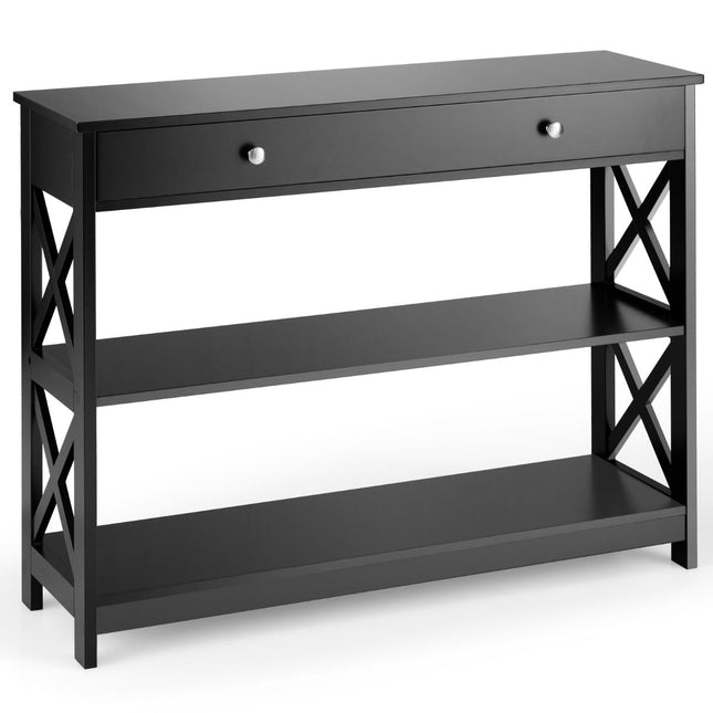 Schwarzer 3-stöckiger Konsolentisch aus Holz mit Schublade, 100x30x80 cm