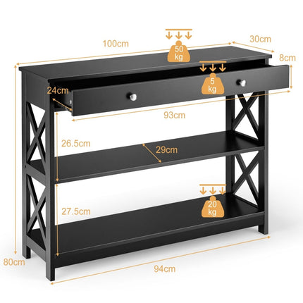 3-Tier Black Wood Console Table with Drawer, 100x30x80 cm