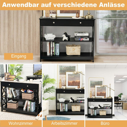3-Tier Black Wood Console Table with Drawer, 100x30x80 cm