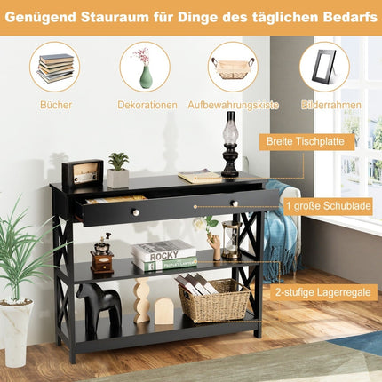 3-Tier Black Wood Console Table with Drawer, 100x30x80 cm