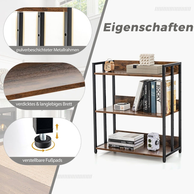 3-stöckiges Bücherregal, verstellbare Einlegeböden, Metallrahmen
