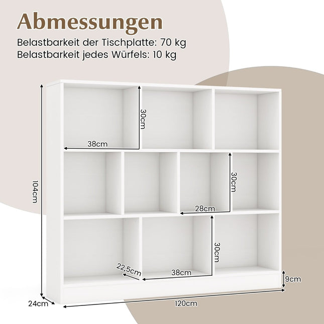 3-stöckiges Bücherregal mit 10 Fächern, Weiß, 120x24x104 cm