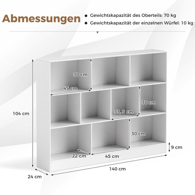 3-stöckiges Bücherregal mit 10 offenen Fächern, Weiß