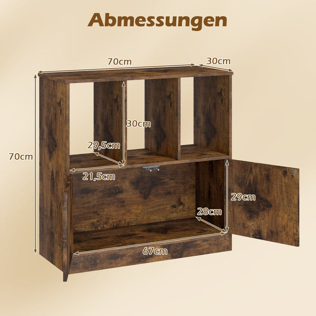 3-stöckiges Bücherregal mit Türen, offenem und geschlossenem Stauraum, Braun