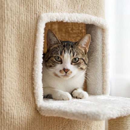 3-Tier Cat House with Sisal Post & Toy - Beige