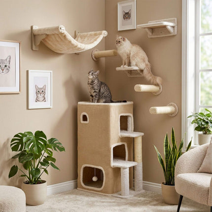 3-Tier Cat House with Sisal Post & Toy - Beige