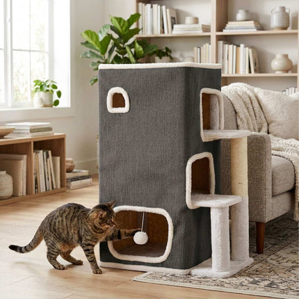3-Tier Cat House with Sisal Post & Toy - Grey