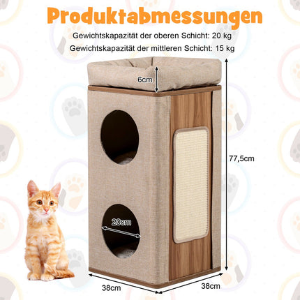 3-stufiger Katzenbaum mit Kratzbrett und Matten, Beige