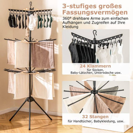 3-stöckiger, klappbarer Wäscheständer, 178 cm, Schwarz