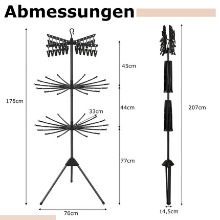 3-stöckiger, klappbarer Wäscheständer, 178 cm, Schwarz