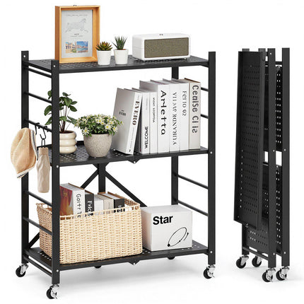 3-Tier Foldable Metal Storage Shelf, 28x13x36, Wheels and Hooks