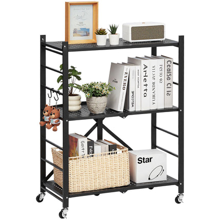3-Tier Foldable Metal Storage Shelf, 28x13x36, Wheels and Hooks