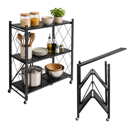 3-Tier Folding Steel Shelving Unit with Castors and Brakes, Black, 91 cm