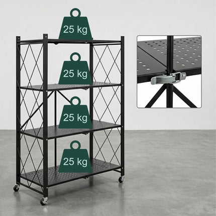 3-Tier Folding Steel Shelving Unit with Castors and Brakes, Black, 91 cm