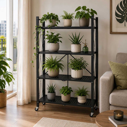 3-Tier Folding Steel Shelving Unit with Castors and Brakes, Black, 91 cm