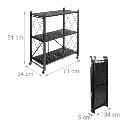 3-Tier Folding Steel Shelving Unit with Castors and Brakes, Black, 91 cm