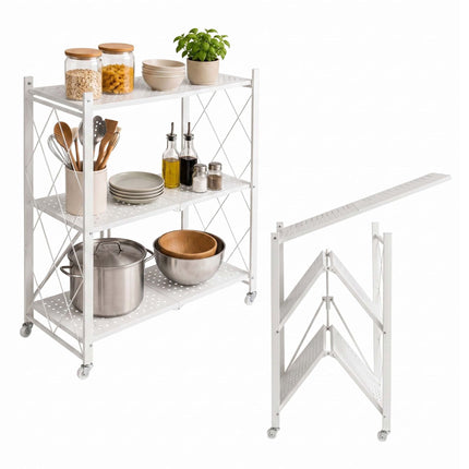 3-Tier Folding Steel Shelving Unit with Castors and Brakes, White, 91 cm