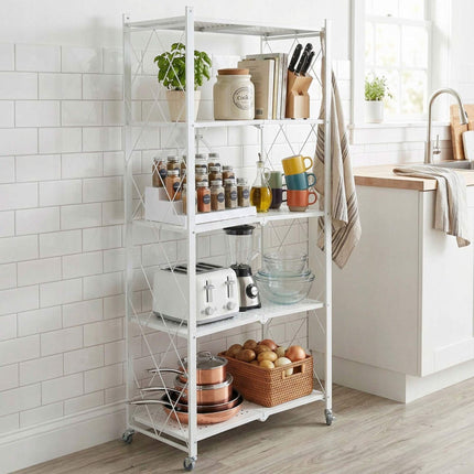 3-Tier Folding Steel Shelving Unit with Castors and Brakes, White, 91 cm