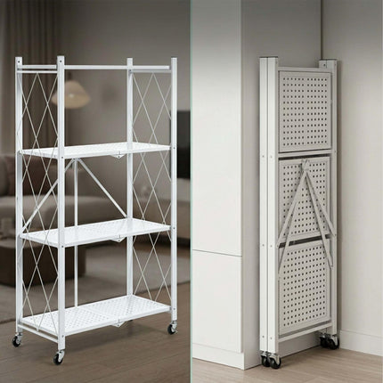 3-Tier Folding Steel Shelving Unit with Castors and Brakes, White, 91 cm